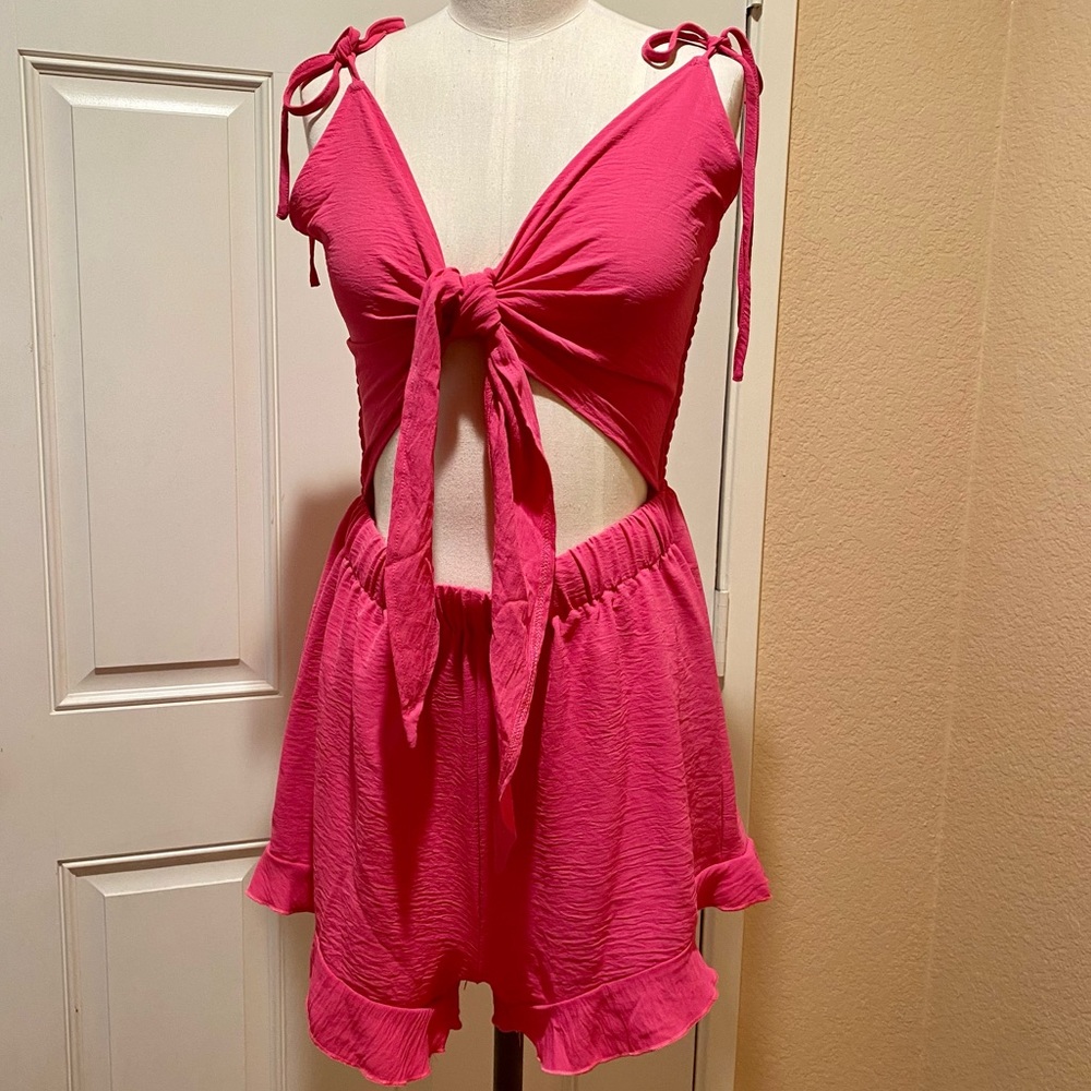 Knot Detail Shirred Ruffle Hem Cami Romper